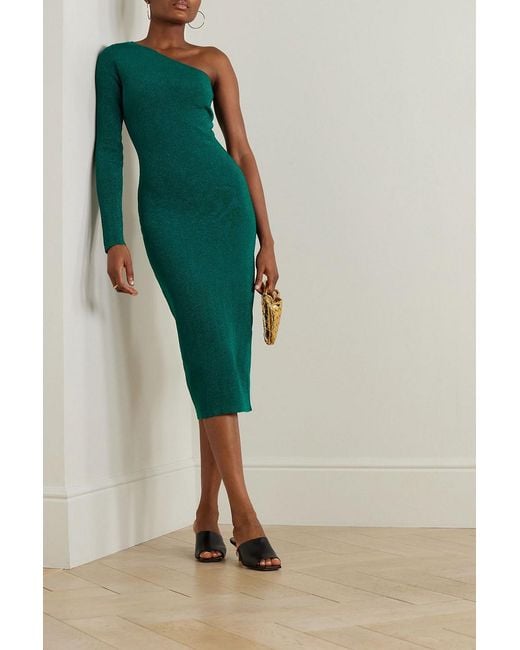 victoria beckham one-shoulder midi dress One-shoulder open-back embellished draped ribbed-knit gown - ivory