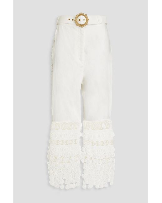 Zimmermann White Cropped Guipure Lace And Linen Straight-leg Pants