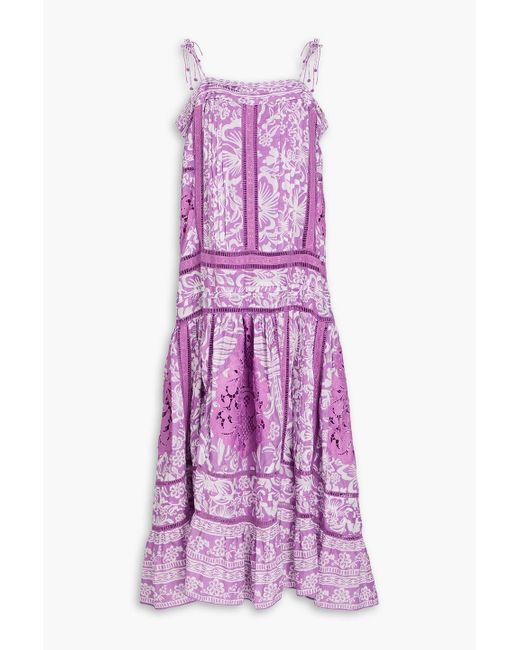 Farm Rio Purple Embellished Floral-Print Lace-Paneled Cotton Midi Dress
