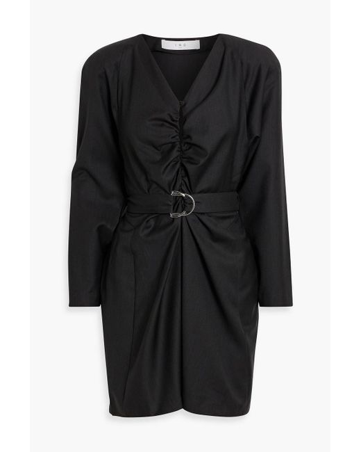 IRO Black Baomi Ruched Belted Wool-twill Mini Dress