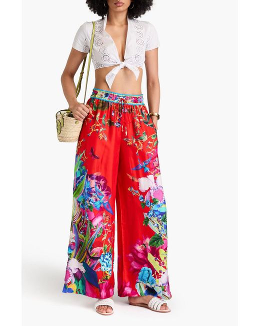 Camilla Red Printed Silk Wide-leg Pants