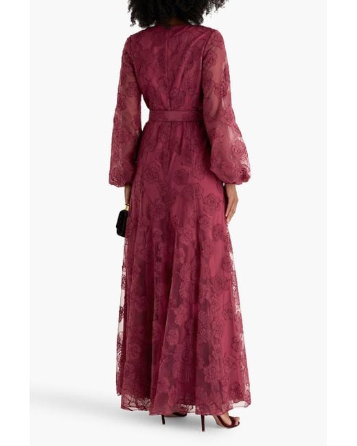 Badgley Mischka Belted Embroidered Tulle Gown