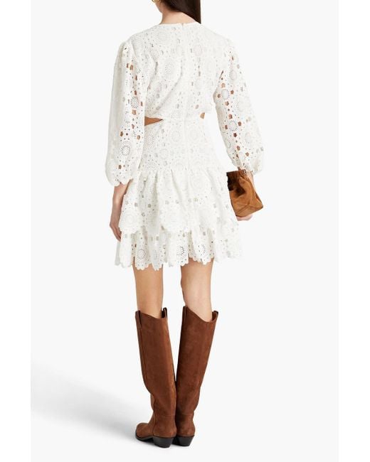 Maje White Cutout Tiered Crocheted Lace Cotton Mini Dress