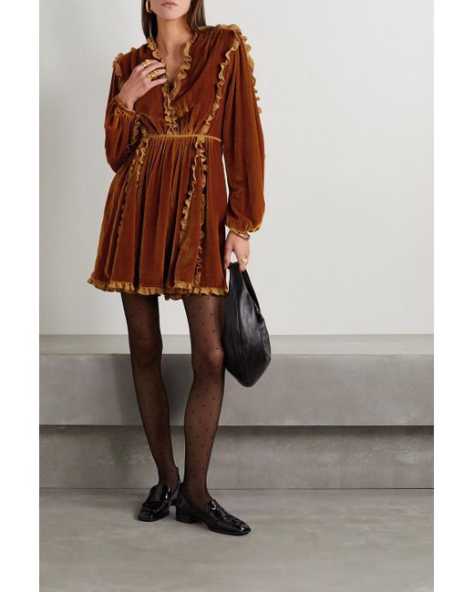 Ulla Johnson Brown Erika Ruffled Satin-trimmed Velvet Mini Dress