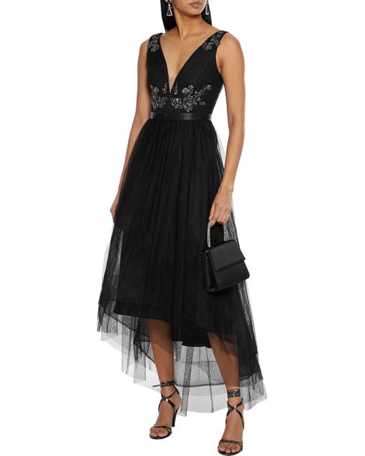 Marchesa notte Asymmetric Satin-trimmed Embellished Tulle Gown in
