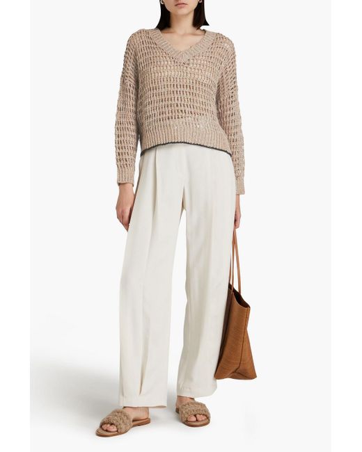 Brunello Cucinelli Natural Embellished Open-knit Linen And Silk-blend Sweater
