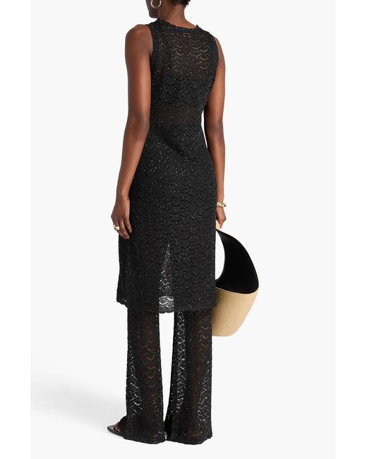 Staud Black Adrianna Sequin-Embellished Crochet-Knit Wide-Leg Pants