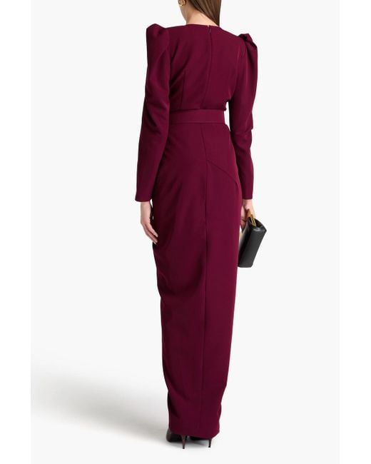 Rhea Costa Purple Wrap-effect Belted Crepe Gown