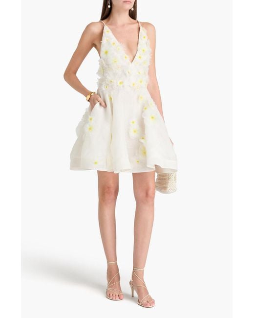 Zimmermann White Floral-appliquéd Linen And Silk-blend Mini Dress
