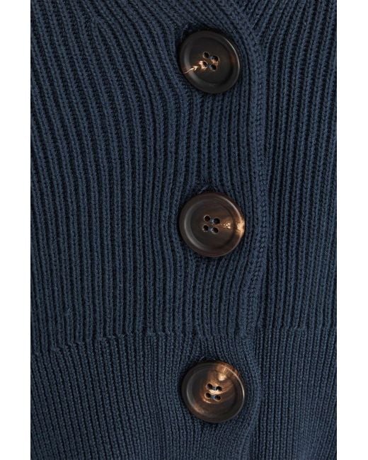 Brunello Cucinelli Blue Cropped Bead-embellished Ribbed Cotton Cardigan