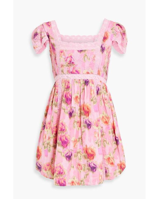 LoveShackFancy Pink Embroidered Floral-print Cotton Mini Dress