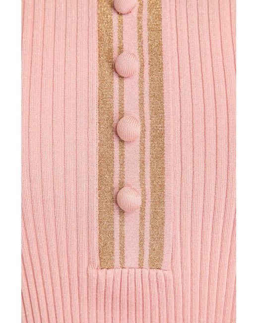 Zimmermann Pink Metallic Ribbed-knit Polo Shirt