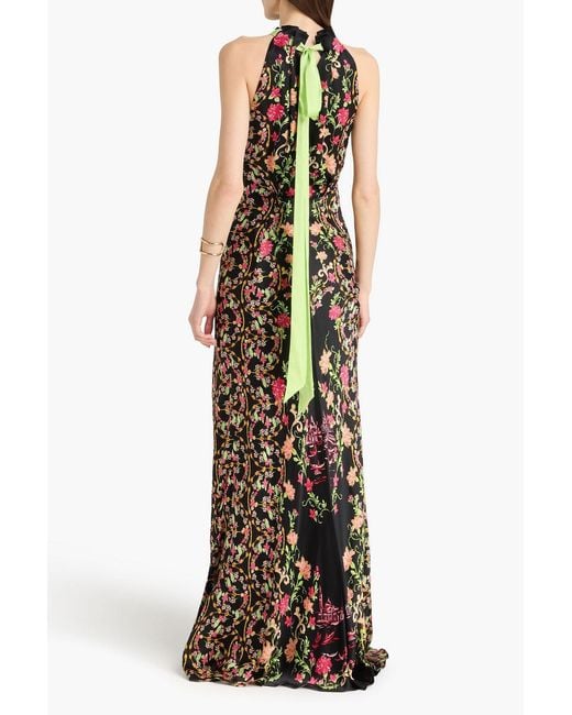 Saloni White Michelle Floral-Print Hammered Silk-Satin Halterneck Maxi Dress