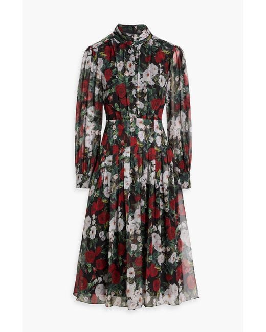 Mikael Aghal Black Pleated Floral-Print Chiffon Midi Dress