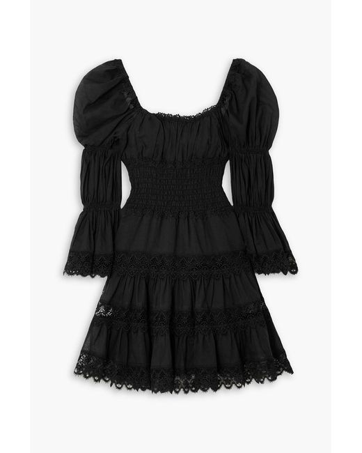 Charo Ruiz Black Nadia Shirred Guipure Lace-trimmed Cotton-blend Voile Mini Dress