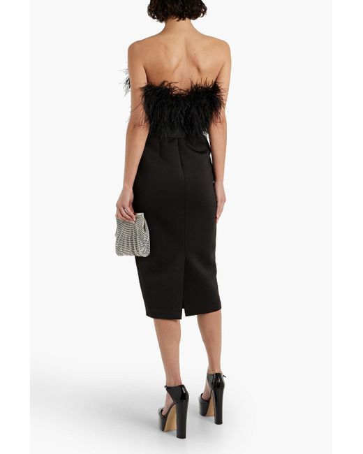 Badgley Mischka Black Strapless Feather-embellished Ponte Midi Dress