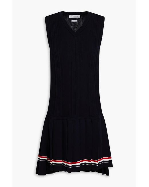 Thom Browne Black Pleated Striped Pointelle-knit Cotton Mini Dress