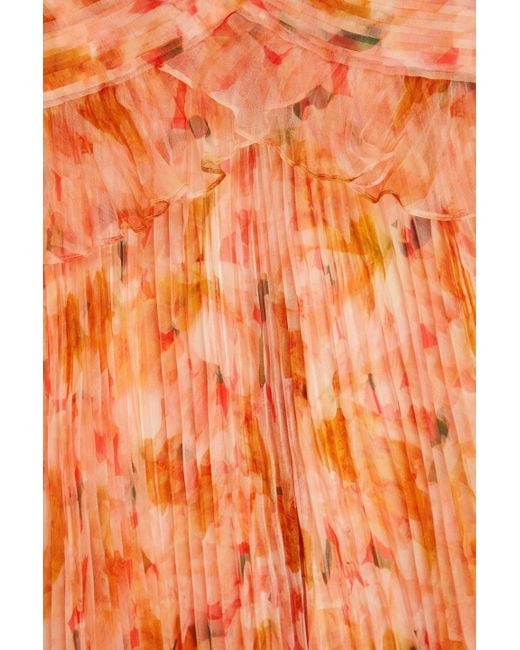 THEIA Orange Holly Pleated Floral-print Organza Midi Dress