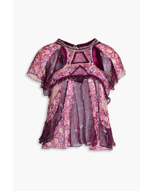 Isabel Marant Pink Orna Embellished Paisley-Print Silk-Crepon Top
