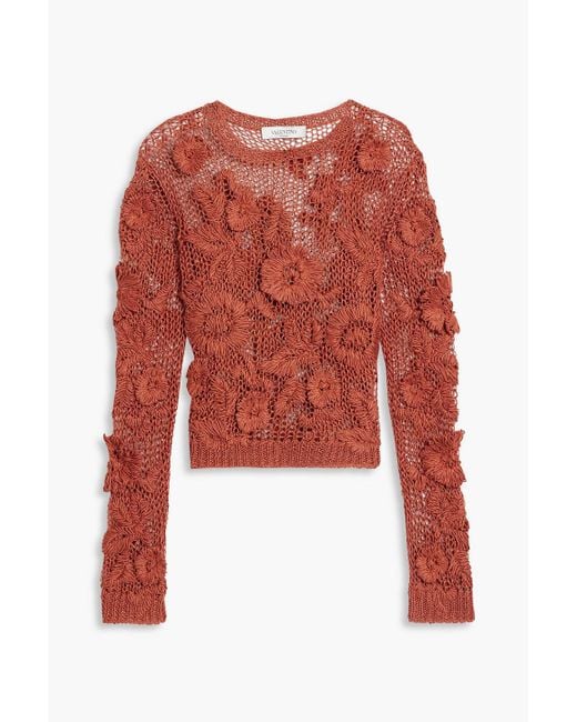 Valentino Garavani Red Floral-appliquéd Crochet-knit Flax Sweater