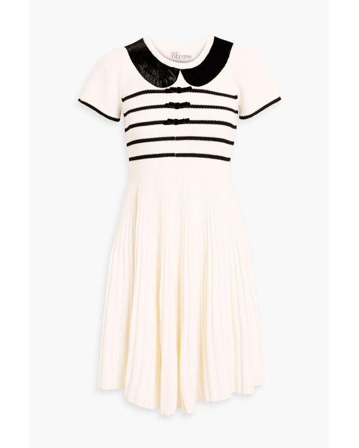 RED Valentino White Bow-detailed Striped Ribbed Wool Mini Dress