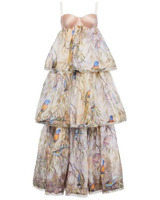 Zimmermann Multicolor Mikado-paneled Tiered Printed Linen And Silk-blend Gown