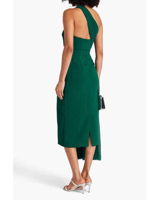 Badgley Mischka Green One-shoulder Draped Georgette And Stretch-crepe Midi Dress