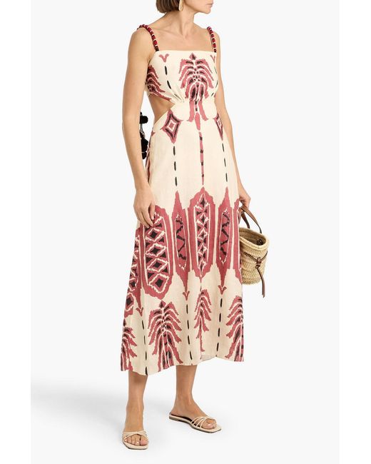 Johanna Ortiz Red Palm Of Tiahuanaco Printed Linen Midi Dress