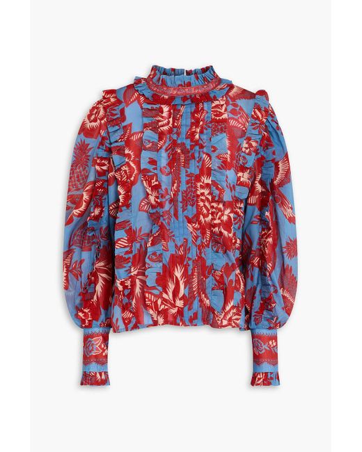 Farm Rio Red Bluse aus baumwoll-voile mit floralem print und rüschen