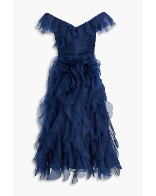Marchesa Blue Off-The-Shoulder Ruffled Silk-Organza Midi Dress