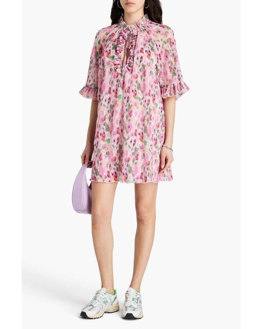 Ganni Pink Ruffled Floral-Print Plissé-Georgette Mini Dress