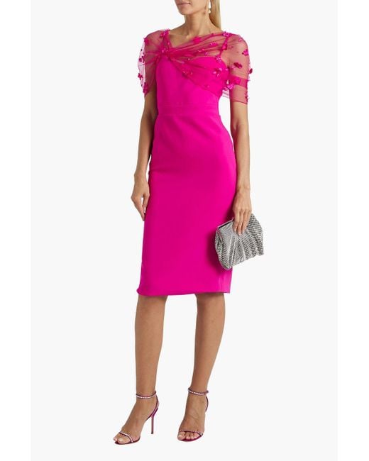 THEIA Pink Appliquéd Mesh-paneled Woven Dress