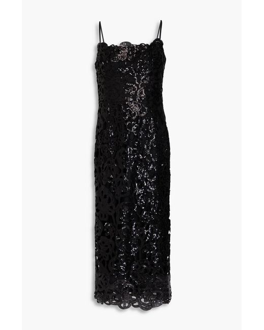 Marchesa Black Sequined Guipure Lace Midi Dress