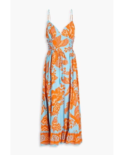 Farm Rio Orange Embellished Printed Linen-Blend Midi Dress