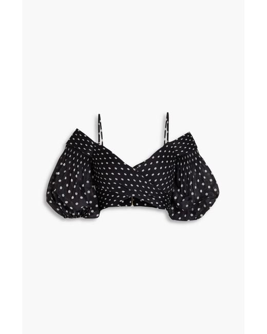 Zimmermann Black Cropped Cold-shoulder Pleated Polka-dot Organza Top