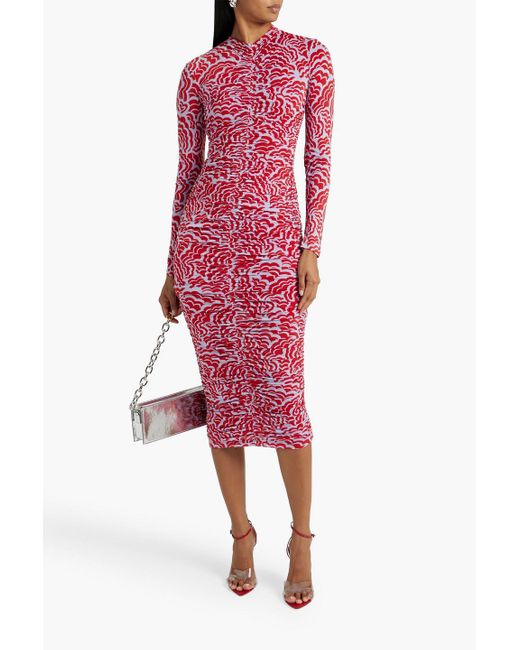 A.L.C. Red Ansel Ruched Printed Stretch-jersey Midi Dress