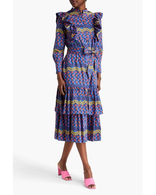 Borgo De Nor Blue Baxley Tiered Floral-Print Cotton-Sateen Midi Dress