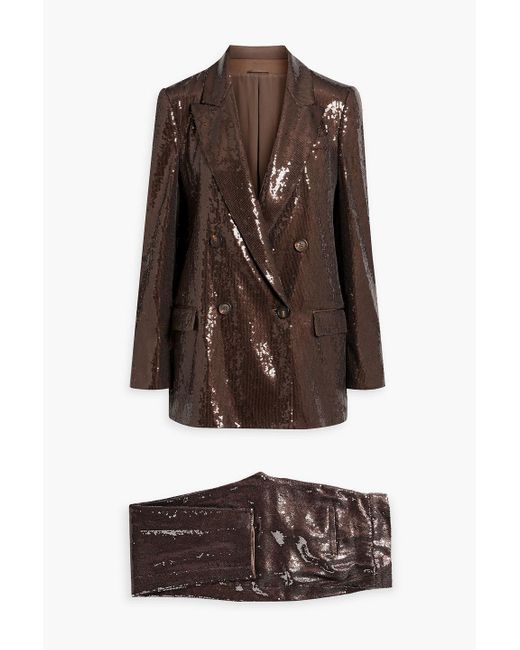 Brunello Cucinelli Brown Double-breasted Sequined Satin Suit