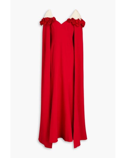 Marchesa Red Tulle-paneled Cape-effect Stretch-crepe Gown