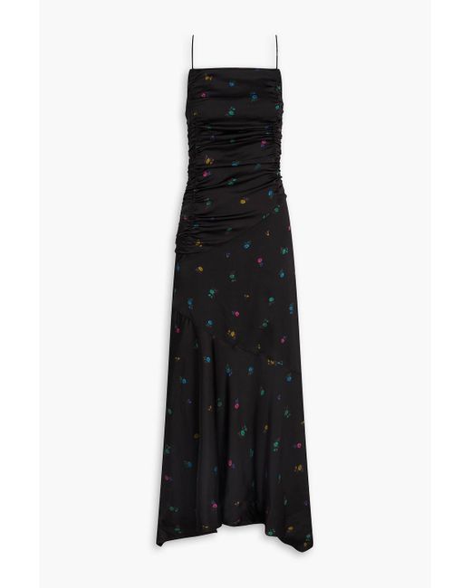 Ganni Black Ruched Floral-print Satin Midi Dress