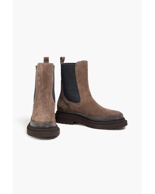 Brunello Cucinelli Brown Bead-embellished Suede Chelsea Boots