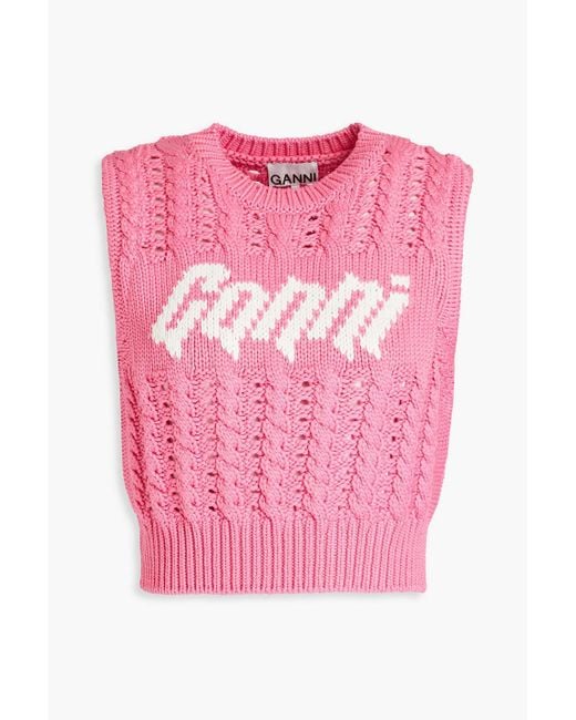 Ganni Pink Cropped Jacquard And Pointelle-knit Vest