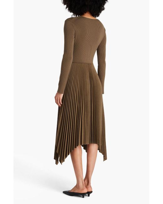 Joseph Brown Pleated Ribbed Wool-blend And Flannel Midi Dress
