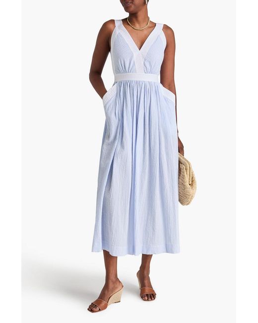 Sandro Blue Cutout Striped Cotton-Blend Seersucker Midi Dress