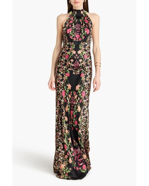 Saloni White Michelle Floral-Print Hammered Silk-Satin Halterneck Maxi Dress