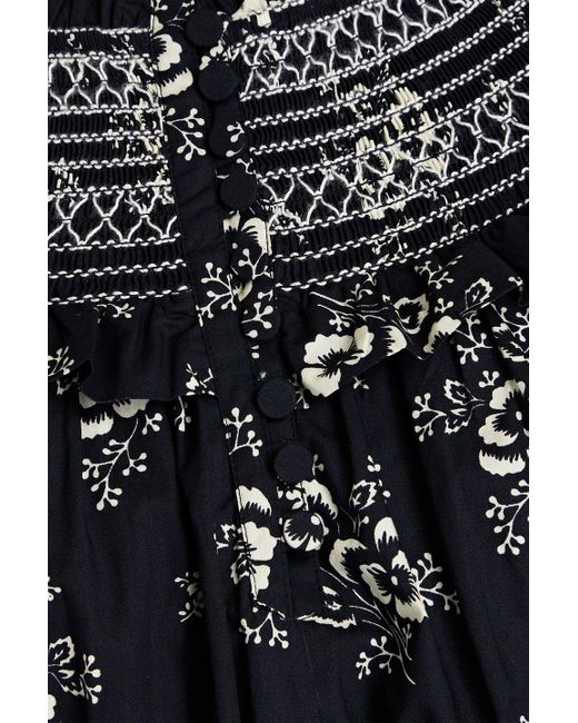 Sea Black Cropped Shirred Floral-print Cotton Top