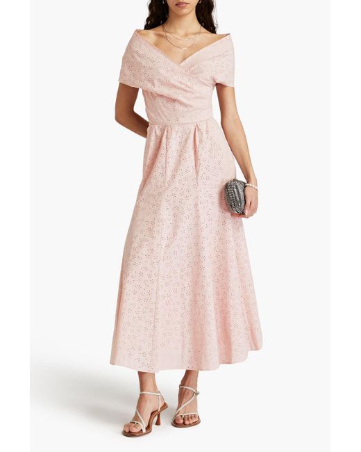 Philosophy Di Lorenzo Serafini Pink Off-the-shoulder Laser-cut Cotton-blend Poplin Midi Dress