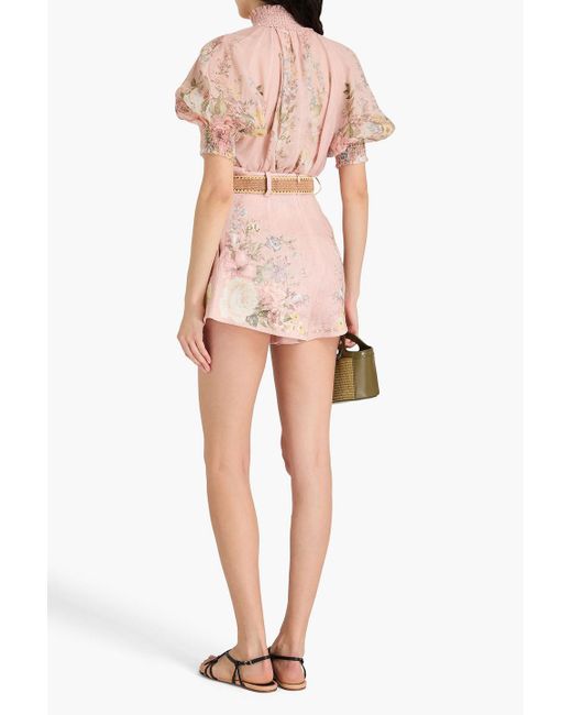 Zimmermann Pink Belted Floral-Print Linen Shorts