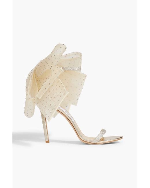Jimmy Choo White Aveline 100 Bow-detailed Glittered Woven Sandals