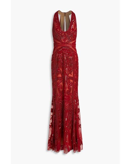 Zuhair Murad Red Embellished Tulle And Georgette Gown